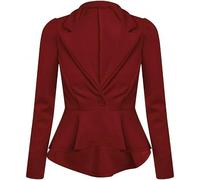 Prime fashions Women's Peplum Blazer - Slim Fit Long Sleeve Frill Crop Jacket Coat (14, Wine)