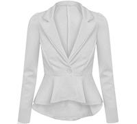 Prime fashions Women's Peplum Blazer - Slim Fit Long Sleeve Frill Crop Jacket Coat (8, Off White)