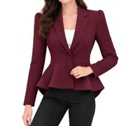 Prime fashions Women's Peplum Blazer - Slim Fit Long Sleeve Frill Crop Jacket Coat (8, Wine)