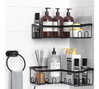 PRIME FEEL Corner Shower Caddy no Drill, 3-Pack Stainless Steel Shower Shelf Organiser, Bathroom Accessory Set Including 2 x Bathroom Shelves, 1 x Towel Holder, 4 x Adhesive Pads, Black
