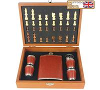 Prime Homewares Excellent Quality 8oz Leather Effect Hip Flask 4 Cups and Funnel Set with Chess Box Gift Box Gift Set (Tan Set)