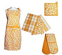 Prime Homewares Orange Bean Design Pot Holder, Double Oven Glove, Tea Towels, Apron Orange Bean Design (Full 6pc Set)