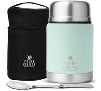 Prime Horizon Food Flask - 500ml Stainless Steel Vacuum Double Wall Jar with Folding Spoon, Leakproof and BPA Free. Free Insulated Travel Bag with Carabiner and Gift Box (Sage Green)