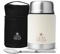 Prime Horizon Food Flask - 500ml Stainless Steel Vacuum Double Wall Jar with Folding Spoon, Leakproof and BPA Free. Free Insulated Travel Bag with Carabiner and Gift Box (Cream)