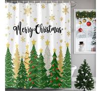 Prime Leader Merry Christmas Shower Curtains for Bathroom Green Gold Christmas Tree Snowflake Stars Waterproof Shower Curtain Set with 12 Plastic Hooks, Machine Washable, 72 x 72 Inches