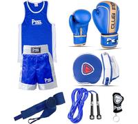 Prime Leather Kids Boxing 6PCS Set Uniform Top/Short 3-10 YEARS + Kids Focus Pad 1108 Blue Kids Boxing Gloves 1006 Blue 6-OZ + Wrap + Key Ring + Skipping Rope (1108 Blue, 5-6 Year)