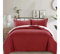 PRIME LINENS 3 Piece Duvet Cover Set Satin Stripes Quilt Cover Bedding Sets with Pillowcases Hotel Quality Ultra Soft Hypoallergenic Machine Washable (Burgundy, Double)