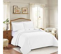 PRIME LINENS 3 Piece Inspiration Quilted Bedspread Embossed Pattern Comforter Bedding Set Bed Throw with Pillow Case (White, Double 3 Piece)