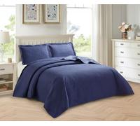 PRIME LINENS 3 Piece Quilted Bedspread Embossed Leaf Pattern Bedding Set Bed Throw with Pillow Cases Machine Washable (Dark Blue, Super King)