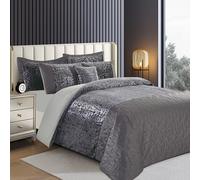 PRIME LINENS 3 Piece Velvet Duvet Cover Quilt Bedding Set with Matching Pillow Cases Soft Quilt Cover Easy Care Hypoallergenic (Plush Grey, Double)