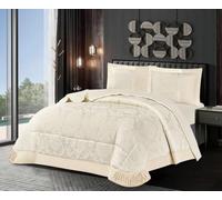 PRIME LINENS 3-Piece Velvet Jacquard Quilted Bedspread Set, Damask Pattern, Modern Style, Soft Brushed Microfiber, with 2 Pillow Shams (Beige, Super King)