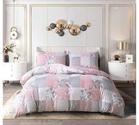PRIME LINENS Double Floral Grey Duvet Cover Set 4 Pcs Polyester-Cotton Quilt Cover Bedding Set With Pillow Cases and Extra Fitted Sheet Included Easy Care (Grey Floral, Double 4 Piece)
