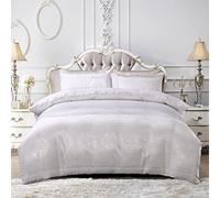 PRIME LINENS Double Quilt Cover Set White 3 Pcs 100% Microfiber Satin Jacquard Duvet Cover Bedding Set With 2 Pillow Cases Easy Care Machine Washable (Double 3 Piece, White)