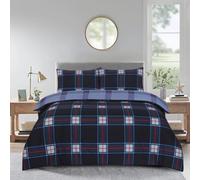 PRIME LINENS Duvet Cover Set 4 Pcs Polyester-Cotton Quilt Cover Bedding Set With Pillow Cases and Extra Fitted Sheet Included (Plaid Check Navy, Double)