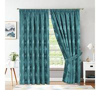 PRIME LINENS Floral Jacquard lined Pencil Pleat for Living Room Curtains Fully Lined Modern Panels for Bedroom with 2 Free Tie Backs (W 90'' x L 90''(228 x 228Cm, Teal)