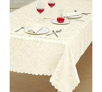 Prime Linens Home Decorative Classic Damask Printed Jacquard Tablecloth Rectangle Round Runner Napkin Table Cover Cloth Protector for Kitchen Picnic (Cream, Round 70")