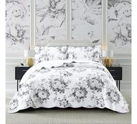PRIME LINENS Luxury 2 Piece Quilted Printed Bedspread Set Throw Bedding Set Includes Soft Bed Throw Comforter with 1 Pillow Sham Embroidered Machine Wash (Vintage Floral Grey, Single)