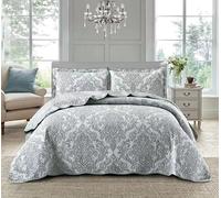 PRIME LINENS Luxury 3 Piece Quilted Printed Bedspread Set Throw Bedding Set Includes Soft Bed Throw Comforter with 2 Pillow Shams Embroidered Machine Wash (Damask Grey, Super King)