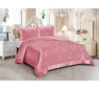 PRIME LINENS Luxury 3 Piece Velvet Quilted Bedspread Damask Bed Throw Comforter Bedding Set with 2 Pillow Shams EMILIA Super Soft (Pink, Super King)