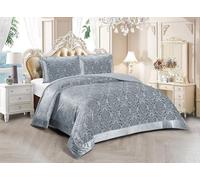 PRIME LINENS Luxury 3 Piece Velvet Quilted Bedspread Damask Bed Throw Comforter Bedding Set with 2 Pillow Shams EMILIA Super Soft (Silver-Grey, Super King)