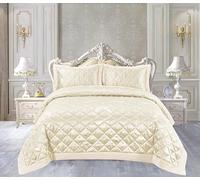PRIME LINENS Luxury Quilted 3 Piece Camden Bedspread Set Microfiber Satin Jacquard Bedding Set Includes Soft Bed Throw Comforter with Pillow Shams Machine Washable (Beige, Double)