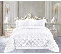 PRIME LINENS Luxury Quilted 3 Piece Camden Bedspread Set Microfiber Satin Jacquard Bedding Set Includes Soft Bed Throw Comforter with Pillow Shams Machine Washable (White, Super King)