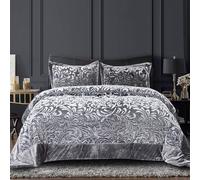 Prime Linens Luxury Quilted Bedspread 3 Piece Velvet Bedding Double Bed for Bedroom Decor - Super Soft Quilted Bedspreads Embossed Pattern Sofa Bed Throws with 2 Pillow Case - Grey