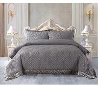 PRIME LINENS Luxury Tufted Velvet Quilted Bedspread Comforter Set Grey 2 Piece Super Soft Bed Throw Crushed Velvet Edges Bedding Set Coverlet with Pillow cases (Single, Grey)