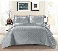 PRIME LINENS Quilted Bedspread Embossed Pattern Comforter Coverlet Bedding Set Bed Throw With 2 Pillow Shams (Ruffle Silver, Super King)