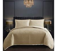 PRIME LINENS Quilted Comforter Double Bedspreads & Coverlets 100% Cotton Beautiful Silk Border Complete Quilt Bedding Set with 1x Bedspread + 2 Pillow Shams (Osca Beige)