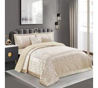 PRIME LINENS Quilted Jacquard Velvet Infinity Bedspread Set Throw Bedding Set Includes Soft Bed Throw Comforter with 2 Pillow Shams Machine Wash (Beige, Double)