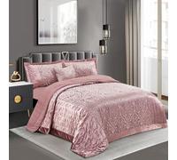 PRIME LINENS Quilted Jacquard Velvet Infinity Bedspread Set Throw Bedding Set Includes Soft Bed Throw Comforter with 2 Pillow Shams Machine Wash (Pink, Double)