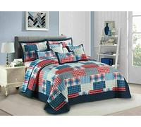 PRIME LINENS Quilted Patchwork Bedspread Bed Throw 2 Piece Embossed Coverlet with 1 Pillow Sham (Check Denim Red, Single)