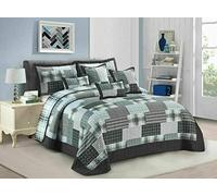 PRIME LINENS Quilted Patchwork Bedspread Bed Throw 2 Piece Embossed Coverlet with 1 Pillow Sham (Check Denim Grey, Single)