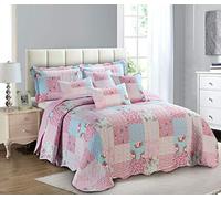 PRIME LINENS Quilted Patchwork Bedspread Bed Throw 3 Piece Bedding Set Includes Comforter 2 Pillow Shams (Floral Pink, Super King)