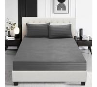 Prime Linens Satin Stripe Fitted Sheet Bed Sheet Brushed Microfiber 30 Cm Deep Fitted Sheet Elastic Edges Breathable Soft Machine Washable Fade Resistant (Silver/Grey, Double)