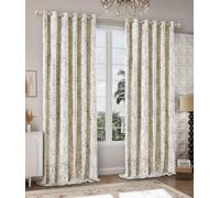 PRIME LINENS Velvet Eyelet Curtains for Bedroom Living Room Super Soft Glitzy Velvet with Metallic Print Ring Top Window Curtain Pair Panel (Glitzy Cream, W 66" X L 72")