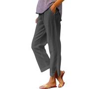 Prime of Day Deals 2025，Womens Linen Trousers with Elasticated Waist for Summer Cropped Trousers Wide Leg Lightweight with Pockets Casual Loose Holiday Beach Pants (Grey, M)