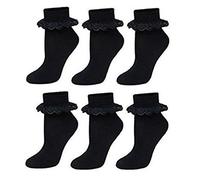 Prime Products 1/3/6/ X Pairs of Girls Frilly Lace Ankle Socks in Black & White Cotton Footwear (Black (6 Pairs), Shoe Size 3-5.5 (1-2 YRS))