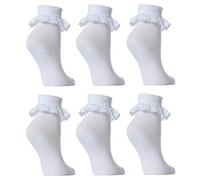 Prime Products 1/3/6/ X Pairs of Girls Frilly Lace Ankle Socks in Black & White Cotton Footwear (White (3 Pairs), Shoe Size 3-5.5 (1-2 YRS))