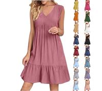 Prime Same Day and Overnight Items Summer Dress for Women UK 2025 Fashion Boho Sleeveless V Neck Mini Dresses Casual Flowy Ruffle A-Line Swing Sundress Womens Plus Size Dressy A Red
