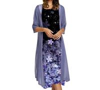 Prime Same Day and Overnight Items Summer Dresses for Women UK Plus Size Two Piece Sleeveless Midi Dress with Chiffon Cardigan Fashion Floral Print Loose Fit Women's Clothes Sale Clearance