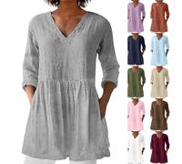 Prime Same Day and Overnight Items Women Summer Tops with Pockets Linen 3/4 Sleeve V Neck Tunic Top Cotton Linen Casual T-Shirt Oversized Long Swing Blouse Shirts Ladies Clothes Tee