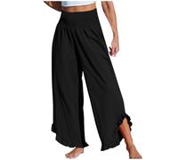 Prime Shopping Online Linen Trousers for Women UK Solid Summer Pants Elastic High Wasit Palazzo Pants Ladies Wide Leg Long Lounge Trousers Loose Casual Bottoms A Black