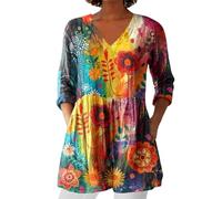 Prime Shopping Online Women Summer Tops with Pockets Linen 3/4 Sleeve V Neck Tunic Top Cotton Linen Casual T-Shirt Oversized Long Swing Blouse Shirts Ladies Clothes Tee