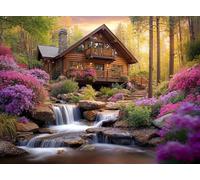 Prime Time Puzzles 1000 Piece Jigsaw Puzzle for Adults - Mountain Cabin Waterfall - Challenging Puzzle Perfect for Game Nights - 1000 Piece for Adults. Nature Landscape Photograph in Forest 20x27 inch
