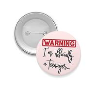 PrimePrints 5.8cm Birthday Badge - Warning I’m Officially A Teenager- Funny 13th Birthday Badge - Joke Badge For Son Daughter Granddaughter Grandson - Thirteenth Birthday Badge