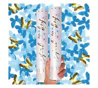 PrimePure Gender Reveal Confetti Cannon - Butterfly Confetti Party Poppers - Blue, Set of 2 - Gender Reveal Cannon Paper Butterflies for Baby Boy Baby Shower Announcement
