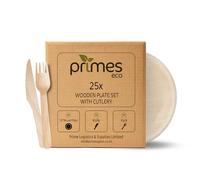 PRIMES ECO 10 Inch - 25pcs Disposable Palm Leaf Plates and Wooden Cutlery Set, 25x Large Round Plates, 25x Forks, 25x Knives, Eco Friendly Biodegradable, Office Home Party Plates 1 Box(25PCS)