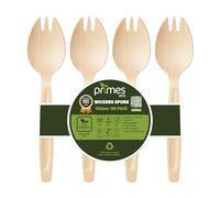 PRIMES ECO Disposable Birch Wood Spork 165mm - Single-Use Wooden Cutlery for Hot & Cold Foods, Parties, Catering, Events, Takeaway Meals, Picnic & Food Service Use (150, Sporks | 16.5cm)